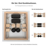 Armwunder Pro 2 als Komplett-Set mit vier Massageelementen und drei Kombinationen: Holzkugel und Rolle, zwei Rollen sowie Holzkugel und Peanutball.