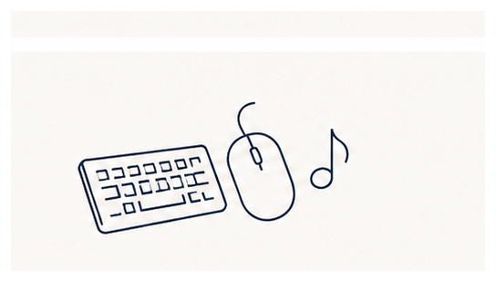 Tastatur, Computermaus und Musiknote als Symbole für Computerarbeit und Hobby
